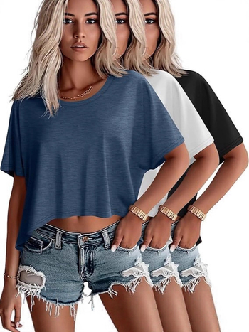 Set od 3 ženskih cropped majica s kratkim rukavima, okruglim izrezom, batwing rukavima, širok kroj