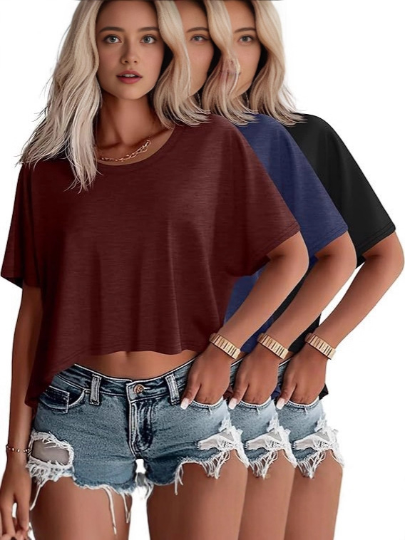 Set od 3 ženskih cropped majica s kratkim rukavima, okruglim izrezom, batwing rukavima, širok kroj