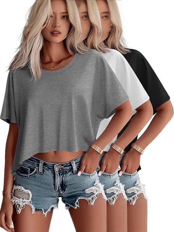 Set od 3 ženskih cropped majica s kratkim rukavima, okruglim izrezom, batwing rukavima, širok kroj