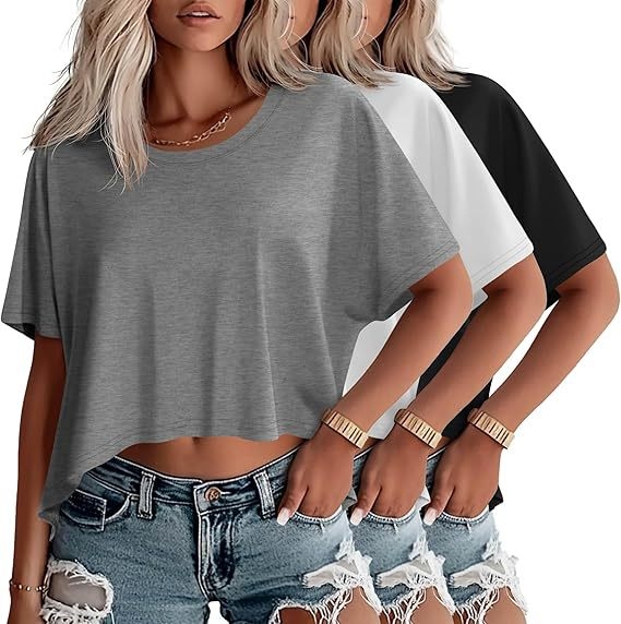 Set od 3 ženskih cropped majica s kratkim rukavima, okruglim izrezom, batwing rukavima, širok kroj