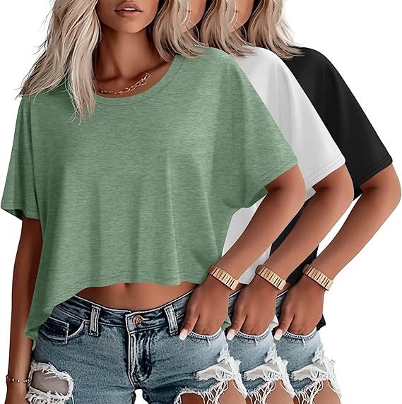 Set od 3 ženskih cropped majica s kratkim rukavima, okruglim izrezom, batwing rukavima, širok kroj