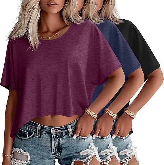 Set od 3 ženskih cropped majica s kratkim rukavima, okruglim izrezom, batwing rukavima, širok kroj