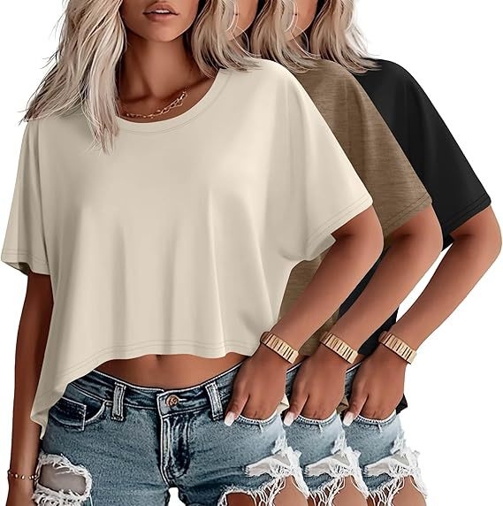 Set od 3 ženskih cropped majica s kratkim rukavima, okruglim izrezom, batwing rukavima, širok kroj