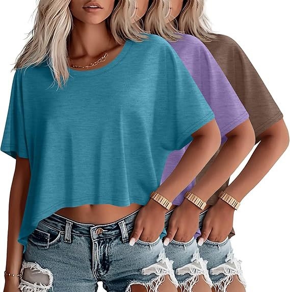 Set od 3 ženskih cropped majica s kratkim rukavima, okruglim izrezom, batwing rukavima, širok kroj