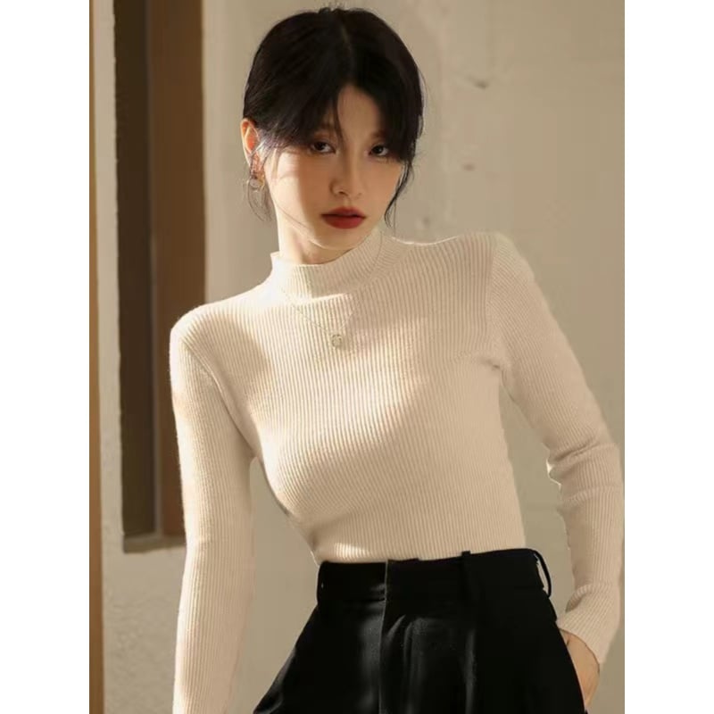 Naiste korea-stiilis must polükõrgusega kootud džemper, ühevärviline, pikad varrukad, kitsas lõige, kapuutsiga, pikkus 50–65 cm, sügis 2025