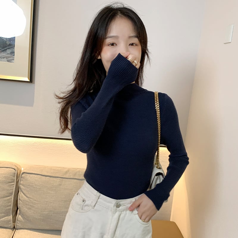 Naiste korea-stiilis must polükõrgusega kootud džemper, ühevärviline, pikad varrukad, kitsas lõige, kapuutsiga, pikkus 50–65 cm, sügis 2025