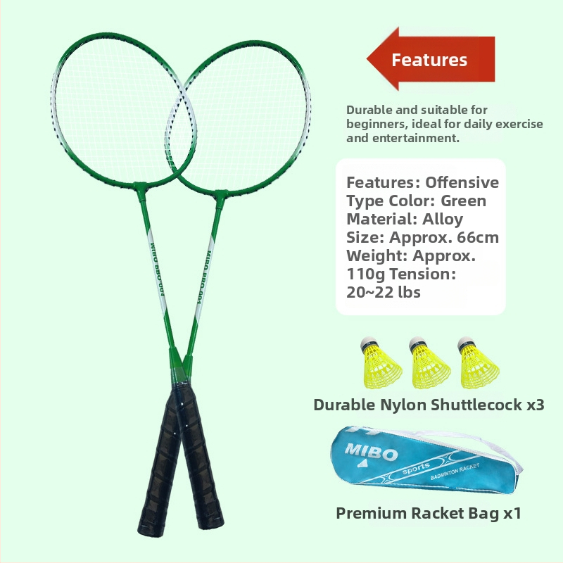 Set badminton raketa za vanjski trening, okvir od željezno-legiranog materijala, najlonske žice, težina 75–79 g
