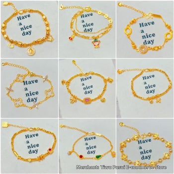 Гривна за жени от мед с златно покритие, четирилистна детелина и емалена панделка, регулираема