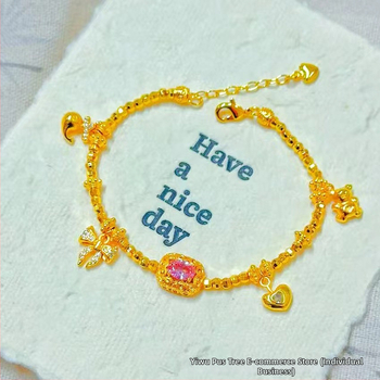 Гривна за жени от мед с златно покритие, четирилистна детелина и емалена панделка, регулираема