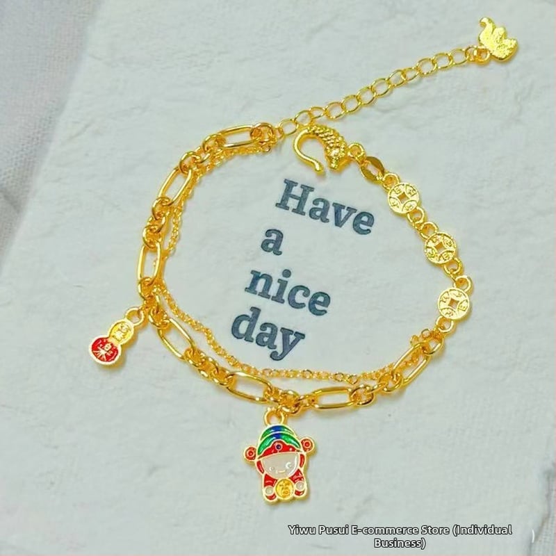 Гривна за жени от мед с златно покритие, четирилистна детелина и емалена панделка, регулираема