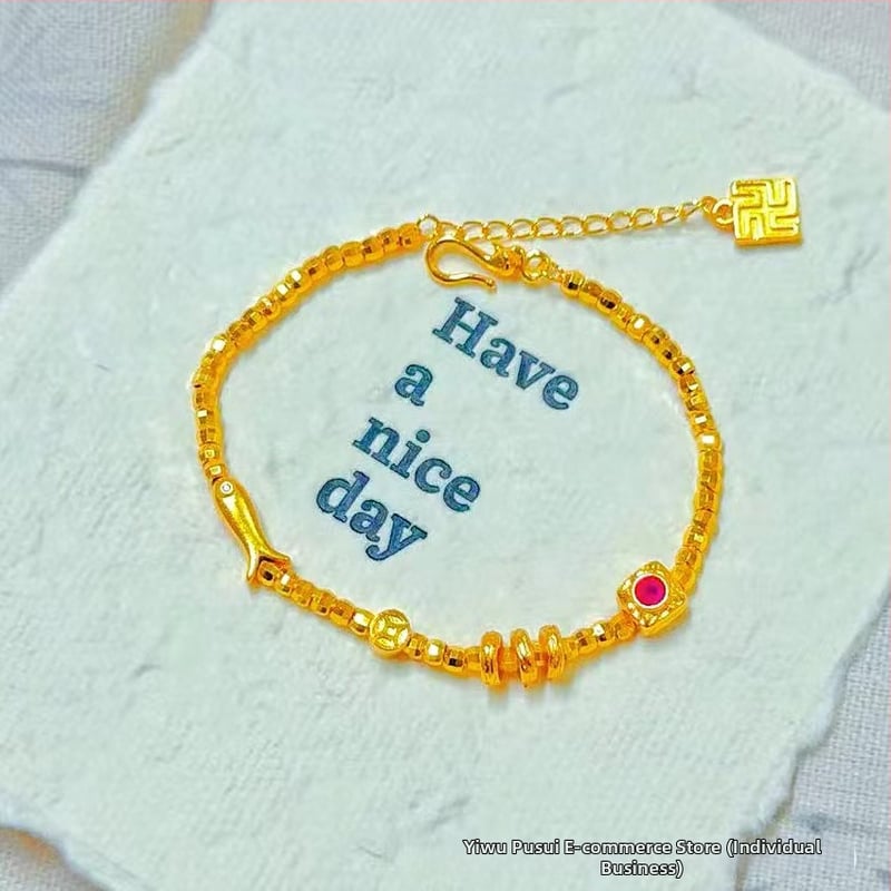 Гривна за жени от мед с златно покритие, четирилистна детелина и емалена панделка, регулираема