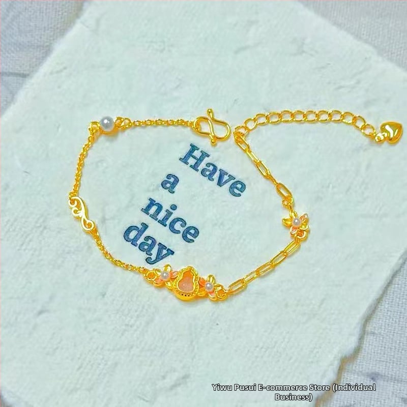 Гривна за жени от мед с златно покритие, четирилистна детелина и емалена панделка, регулираема