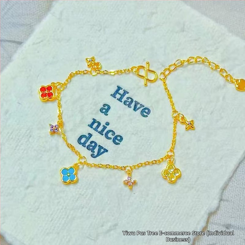 Гривна за жени от мед с златно покритие, четирилистна детелина и емалена панделка, регулираема