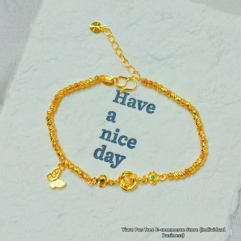 Гривна за жени от мед с златно покритие, четирилистна детелина и емалена панделка, регулираема