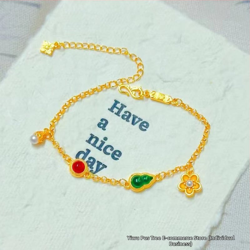 Гривна за жени от мед с златно покритие, четирилистна детелина и емалена панделка, регулираема