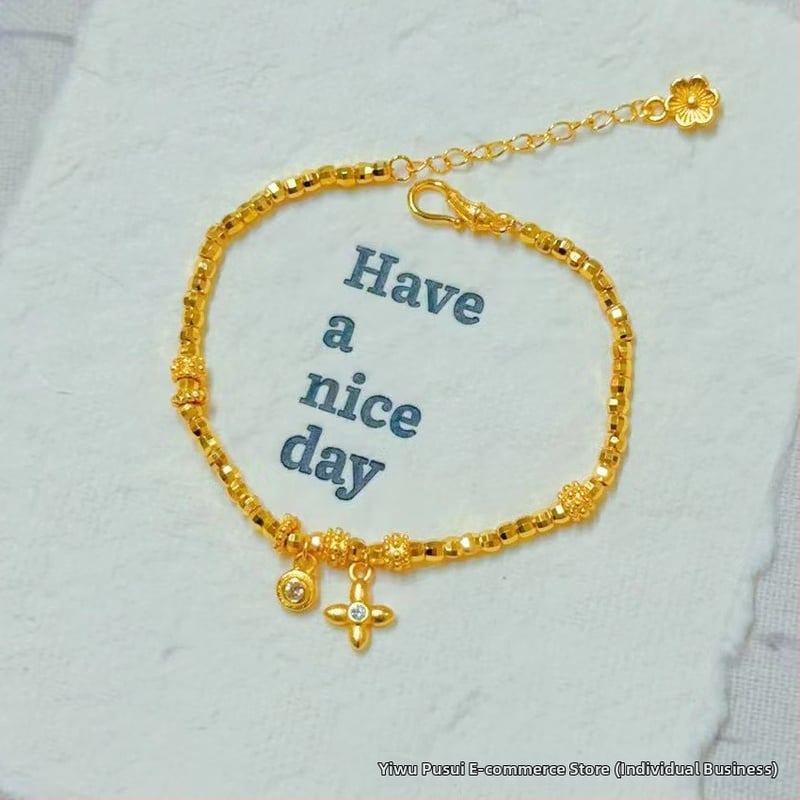 Гривна за жени от мед с златно покритие, четирилистна детелина и емалена панделка, регулираема