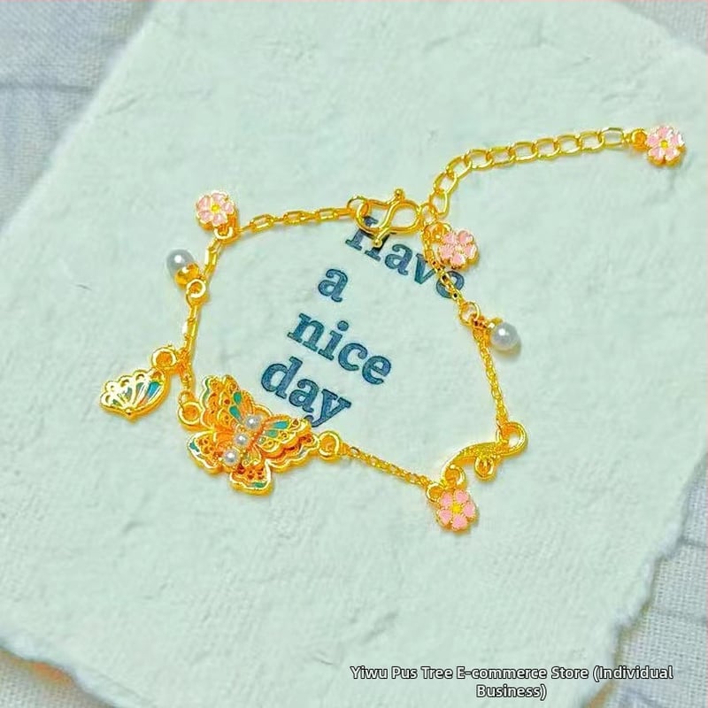 Гривна за жени от мед с златно покритие, четирилистна детелина и емалена панделка, регулираема