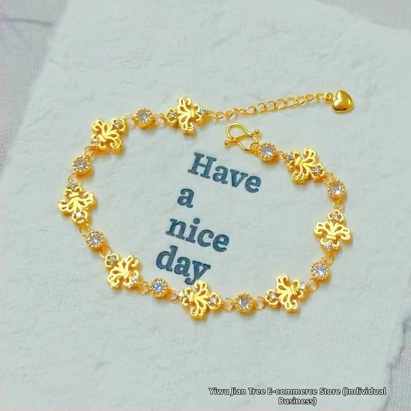 Гривна за жени от мед с златно покритие, четирилистна детелина и емалена панделка, регулираема