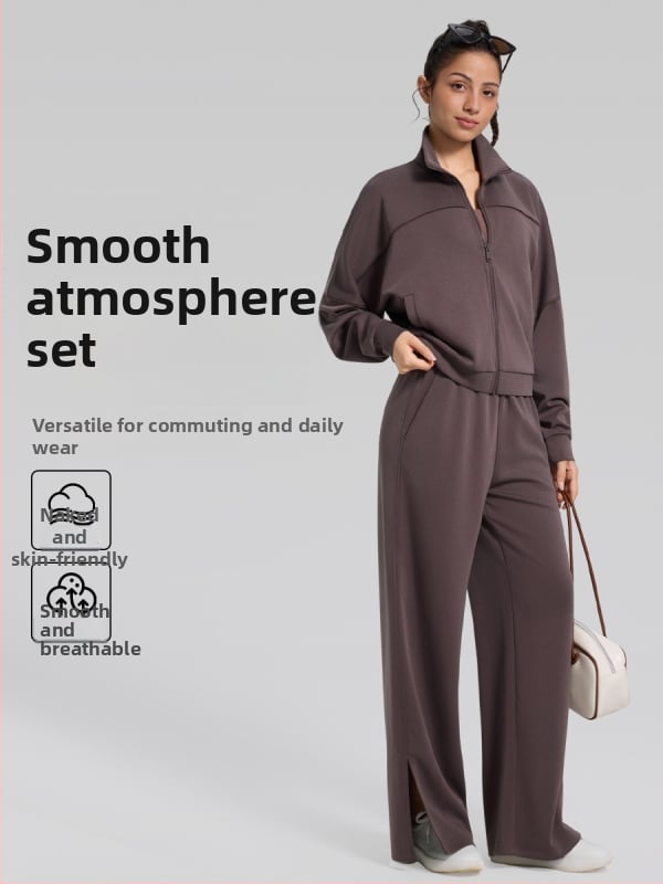 Moterų dviejų dalių komplektas su laisvo kirpimo plačiomis kelnėmis ir džemperiu; Audinys: modal; Sezonos: žiema, pavasaris, ruduo; Stilius: sportas, laisvalaikis, retro