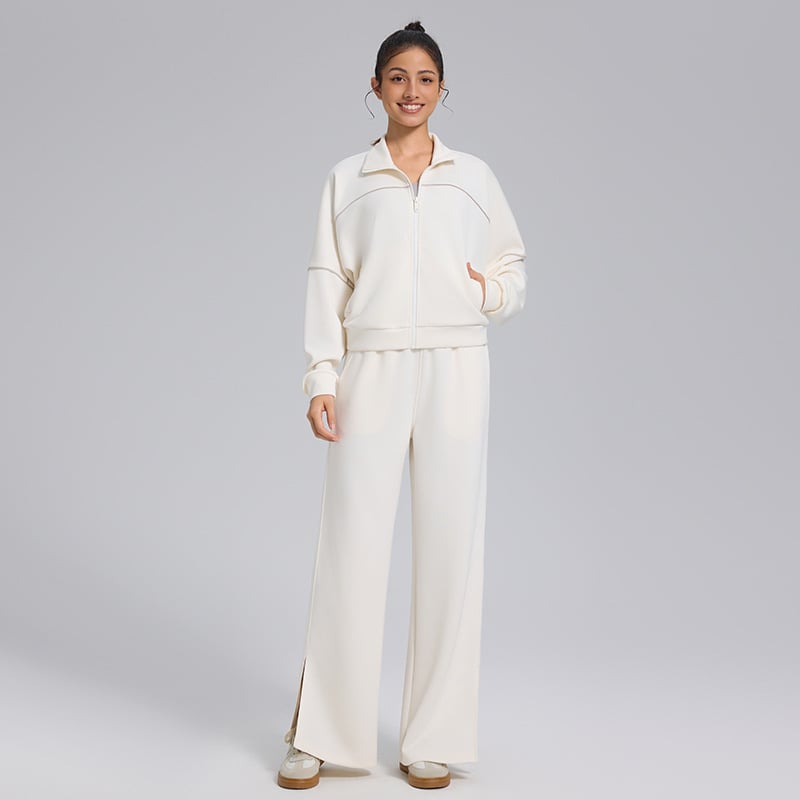 Moterų dviejų dalių komplektas su laisvo kirpimo plačiomis kelnėmis ir džemperiu; Audinys: modal; Sezonos: žiema, pavasaris, ruduo; Stilius: sportas, laisvalaikis, retro