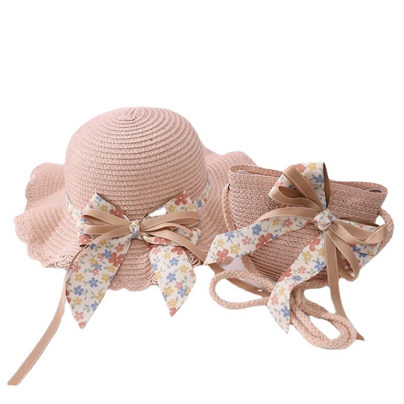 Dječji ljetni set šešira: slameni plitki šešir za plažu u stilu princeze i ribara, sklopivi, široki rub, kupolasta kruna, uz torbu