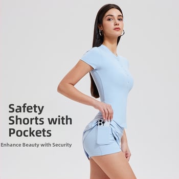 Sportinis komplektas: V kaklo Henley stilia trumpomis rankovėmis viršus, greitai džiūstantis nailono/spandekso audinys (82% nailonas, 18% spandekso), aukšta elastė; komplekte – viršus ir sijonas; tinkamas vasarai, pavasariui, rudeniui