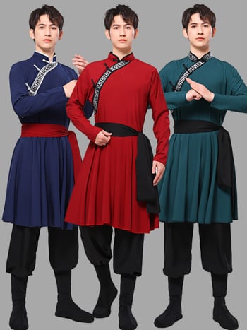 Mongolijas etniskā deju apģērbs vīriešiem – brīvs piegriezums, kardigan stila apģērbs ar seisa apkakli, garas piedurknes, 100% poliesteris