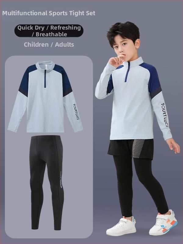 Vaiko sportinis dviejų dalių komplektas: ilgomis rankovėmis viršus su stovinčiu kaklu ir kelnės, poliesterio pluošto mišinys su medvilnės pamušalu, tinkamas žiemai, pavasariui ir rudeniui