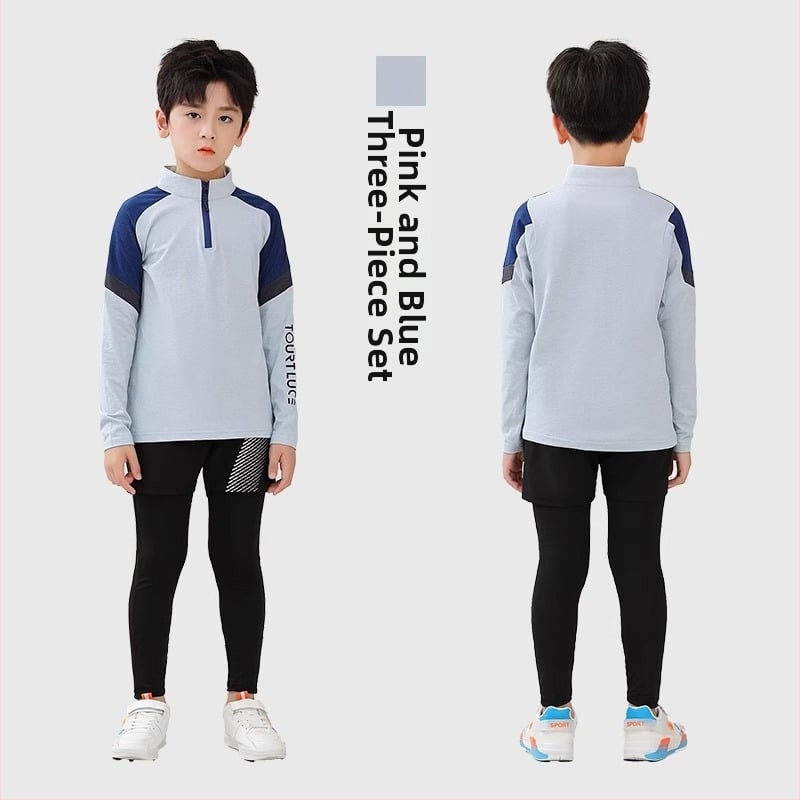 Vaiko sportinis dviejų dalių komplektas: ilgomis rankovėmis viršus su stovinčiu kaklu ir kelnės, poliesterio pluošto mišinys su medvilnės pamušalu, tinkamas žiemai, pavasariui ir rudeniui