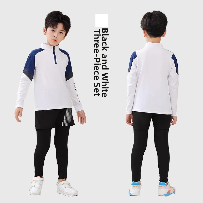 Vaiko sportinis dviejų dalių komplektas: ilgomis rankovėmis viršus su stovinčiu kaklu ir kelnės, poliesterio pluošto mišinys su medvilnės pamušalu, tinkamas žiemai, pavasariui ir rudeniui