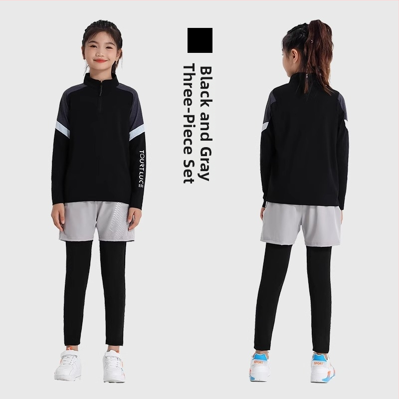 Vaiko sportinis dviejų dalių komplektas: ilgomis rankovėmis viršus su stovinčiu kaklu ir kelnės, poliesterio pluošto mišinys su medvilnės pamušalu, tinkamas žiemai, pavasariui ir rudeniui