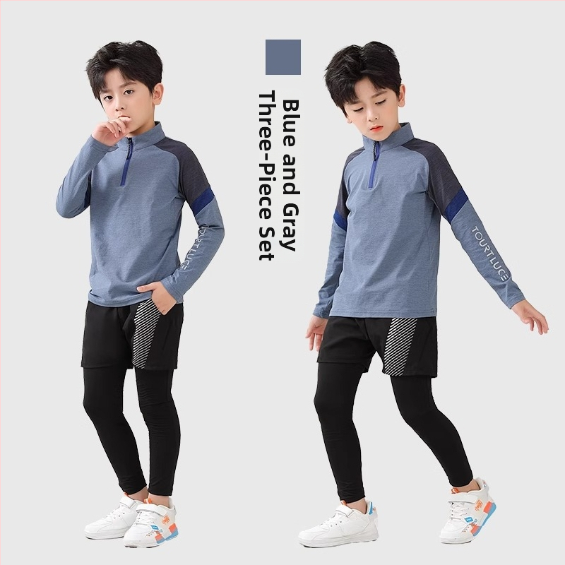 Vaiko sportinis dviejų dalių komplektas: ilgomis rankovėmis viršus su stovinčiu kaklu ir kelnės, poliesterio pluošto mišinys su medvilnės pamušalu, tinkamas žiemai, pavasariui ir rudeniui