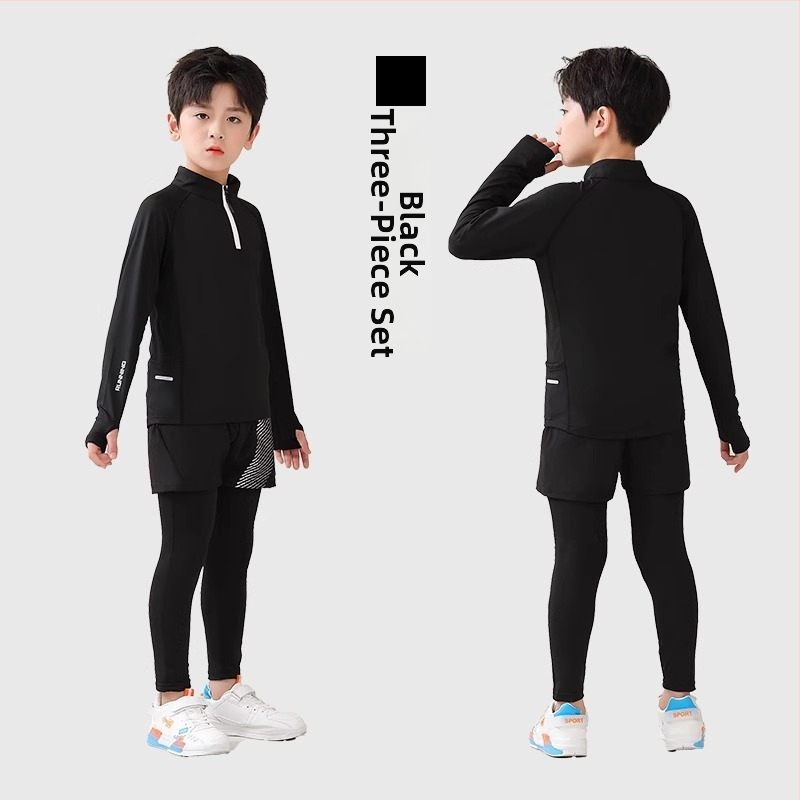 Vaiko sportinis dviejų dalių komplektas: ilgomis rankovėmis viršus su stovinčiu kaklu ir kelnės, poliesterio pluošto mišinys su medvilnės pamušalu, tinkamas žiemai, pavasariui ir rudeniui