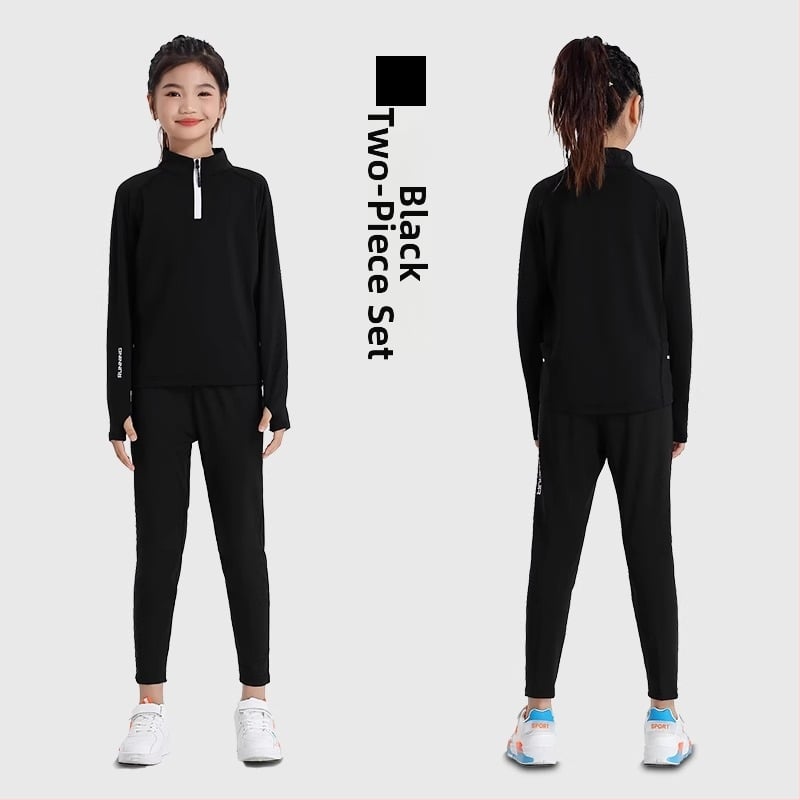 Vaiko sportinis dviejų dalių komplektas: ilgomis rankovėmis viršus su stovinčiu kaklu ir kelnės, poliesterio pluošto mišinys su medvilnės pamušalu, tinkamas žiemai, pavasariui ir rudeniui