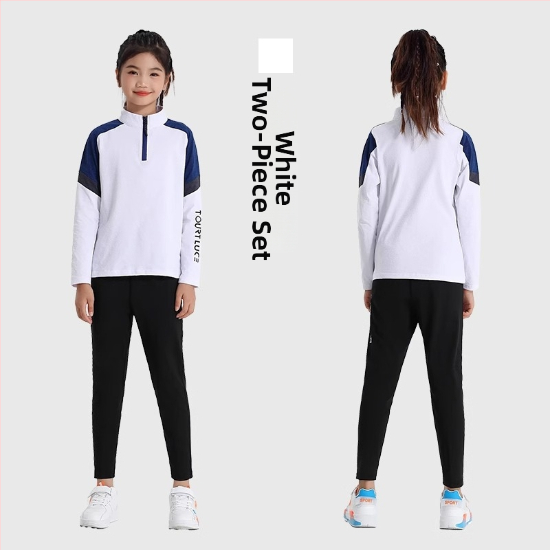 Vaiko sportinis dviejų dalių komplektas: ilgomis rankovėmis viršus su stovinčiu kaklu ir kelnės, poliesterio pluošto mišinys su medvilnės pamušalu, tinkamas žiemai, pavasariui ir rudeniui