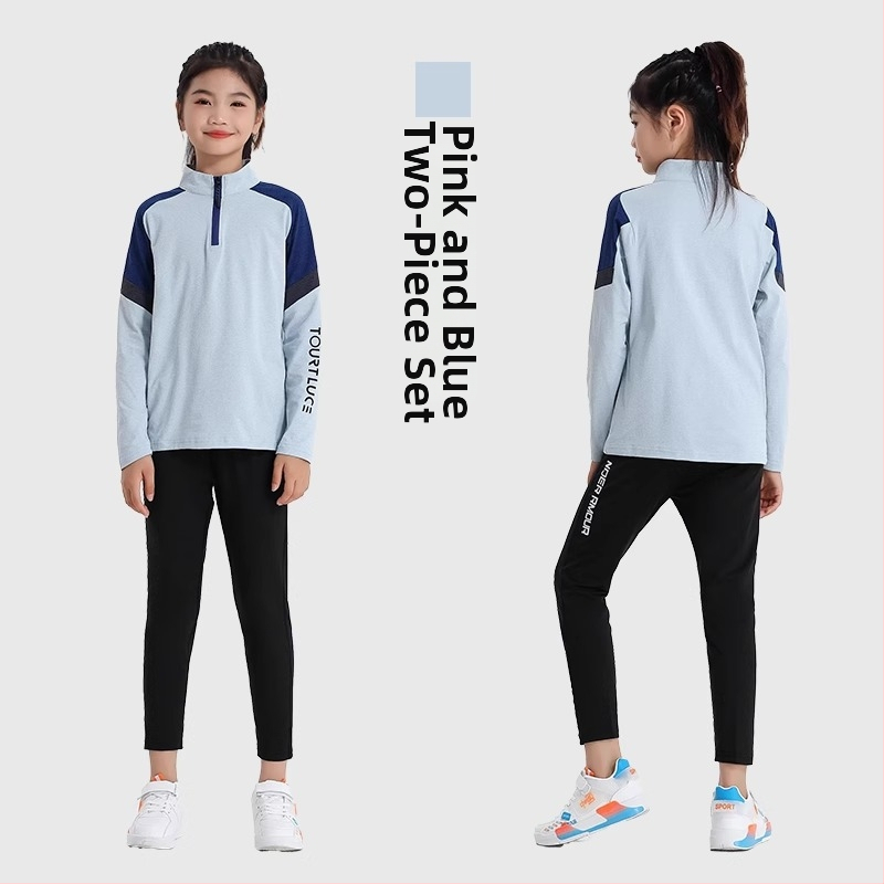 Vaiko sportinis dviejų dalių komplektas: ilgomis rankovėmis viršus su stovinčiu kaklu ir kelnės, poliesterio pluošto mišinys su medvilnės pamušalu, tinkamas žiemai, pavasariui ir rudeniui