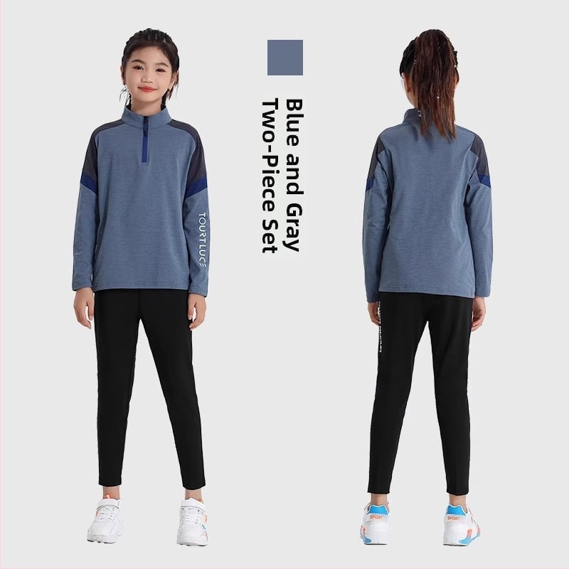 Vaiko sportinis dviejų dalių komplektas: ilgomis rankovėmis viršus su stovinčiu kaklu ir kelnės, poliesterio pluošto mišinys su medvilnės pamušalu, tinkamas žiemai, pavasariui ir rudeniui