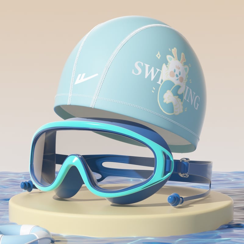 Παιδικά γυαλιά κολύμβησης με σκουφάκι, σετ από τρία τεμάχια, φακοί PC, αντιθαμβωτικά, αδιάβροχα, υψηλή ευκρίνεια