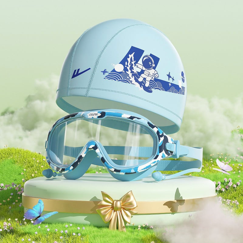Παιδικά γυαλιά κολύμβησης με σκουφάκι, σετ από τρία τεμάχια, φακοί PC, αντιθαμβωτικά, αδιάβροχα, υψηλή ευκρίνεια