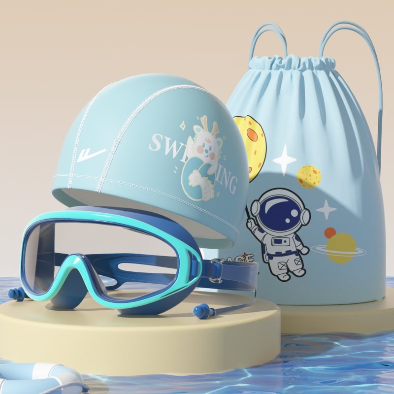 Παιδικά γυαλιά κολύμβησης με σκουφάκι, σετ από τρία τεμάχια, φακοί PC, αντιθαμβωτικά, αδιάβροχα, υψηλή ευκρίνεια