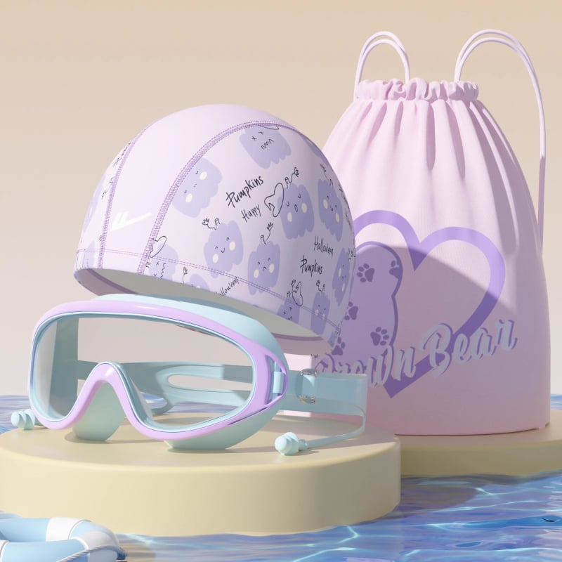 Παιδικά γυαλιά κολύμβησης με σκουφάκι, σετ από τρία τεμάχια, φακοί PC, αντιθαμβωτικά, αδιάβροχα, υψηλή ευκρίνεια