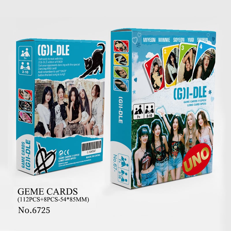 UNO stilā kartes spēle ar 120 kartēm, K-pop tēma GOT7 IVE GIDLE EN Star (Papīra kartes • Krāsaina kastīte • Vecuma 15–35 • Interaktīvā spēle)