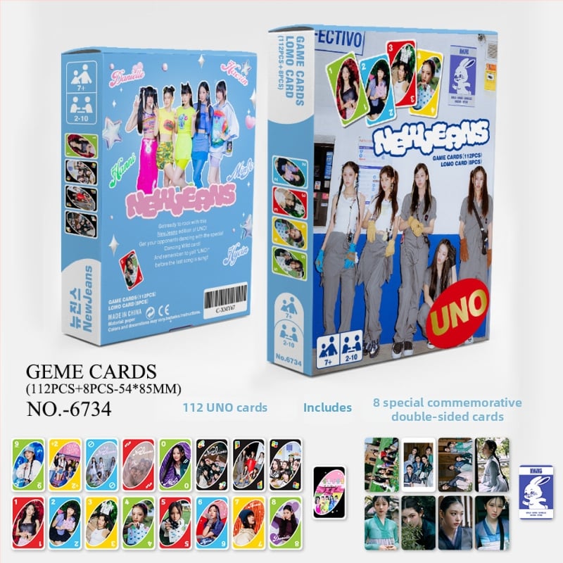 UNO stilā kartes spēle ar 120 kartēm, K-pop tēma GOT7 IVE GIDLE EN Star (Papīra kartes • Krāsaina kastīte • Vecuma 15–35 • Interaktīvā spēle)