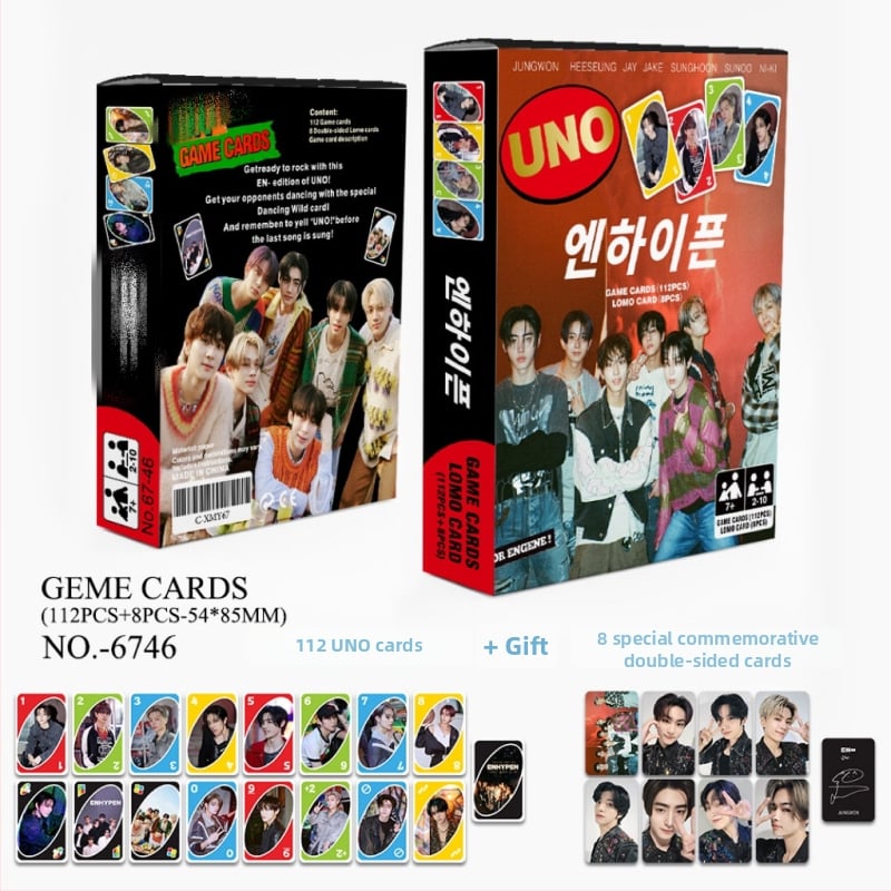 UNO stilā kartes spēle ar 120 kartēm, K-pop tēma GOT7 IVE GIDLE EN Star (Papīra kartes • Krāsaina kastīte • Vecuma 15–35 • Interaktīvā spēle)