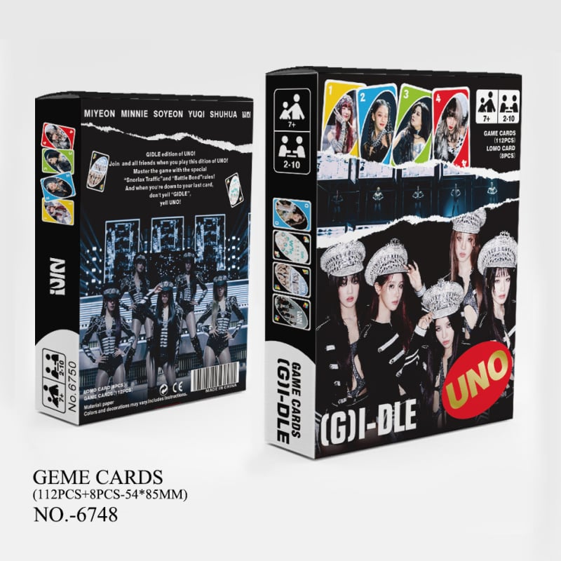 UNO stilā kartes spēle ar 120 kartēm, K-pop tēma GOT7 IVE GIDLE EN Star (Papīra kartes • Krāsaina kastīte • Vecuma 15–35 • Interaktīvā spēle)