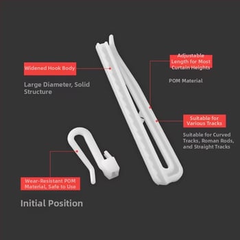 Plastikinis užuolaidų kabliukas, S formos dizainas, POM medžiaga, tylus reguliuojamas kėlimo kabliukas, apkrova 0–1 kg