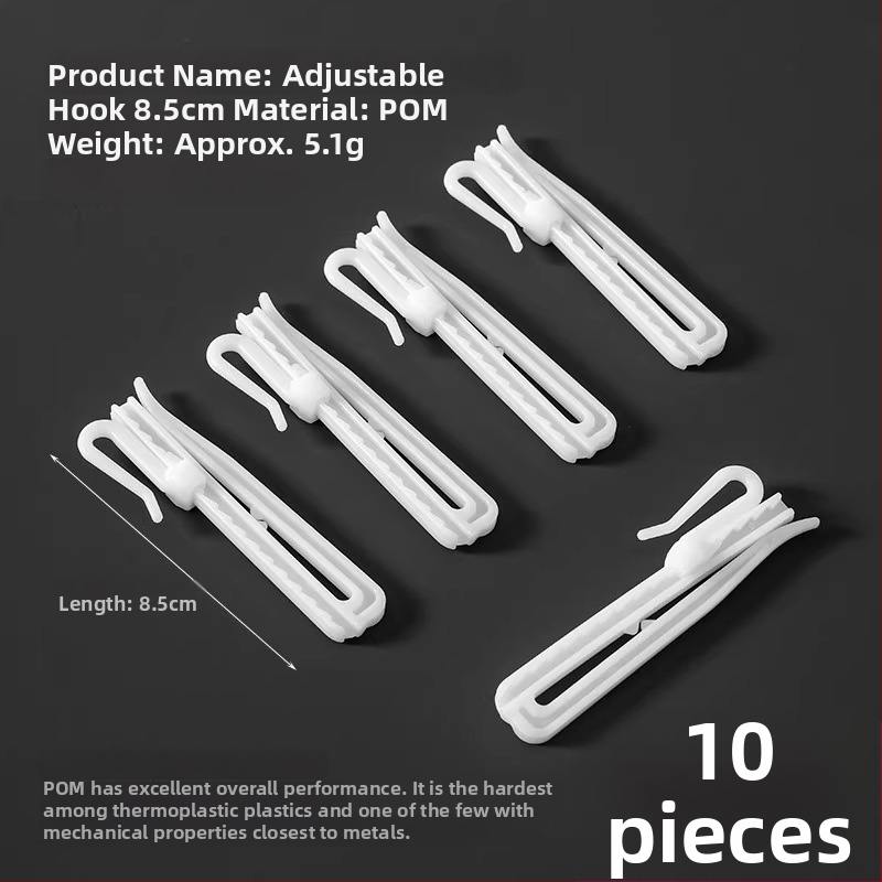 Plastikinis užuolaidų kabliukas, S formos dizainas, POM medžiaga, tylus reguliuojamas kėlimo kabliukas, apkrova 0–1 kg