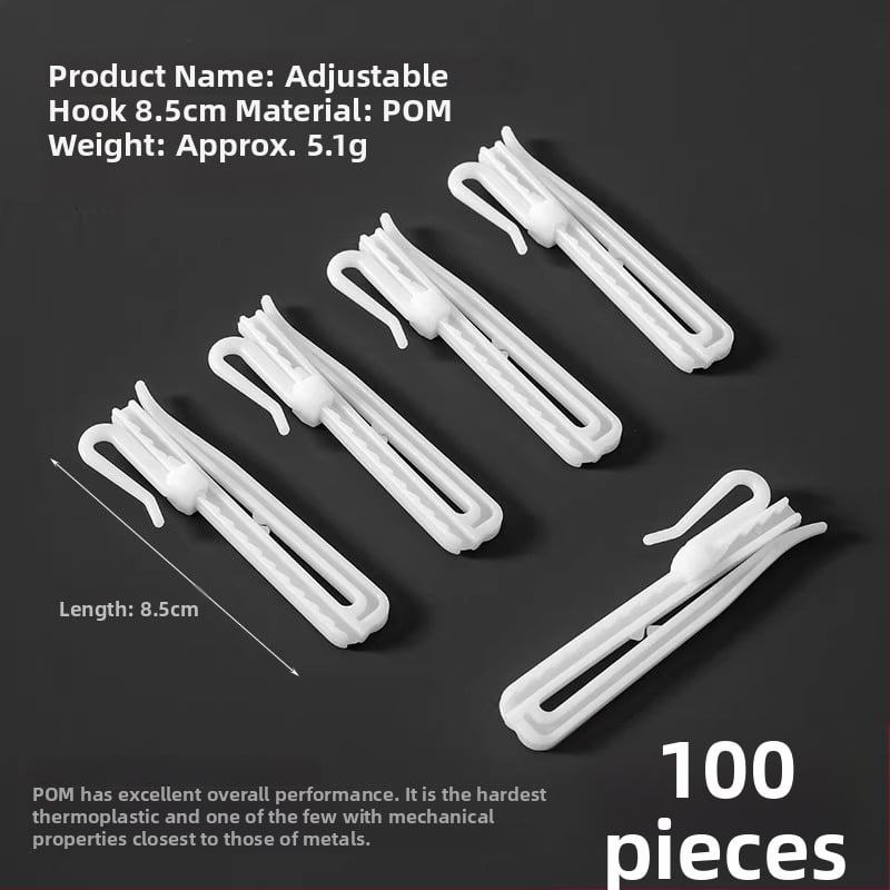 Plastikinis užuolaidų kabliukas, S formos dizainas, POM medžiaga, tylus reguliuojamas kėlimo kabliukas, apkrova 0–1 kg