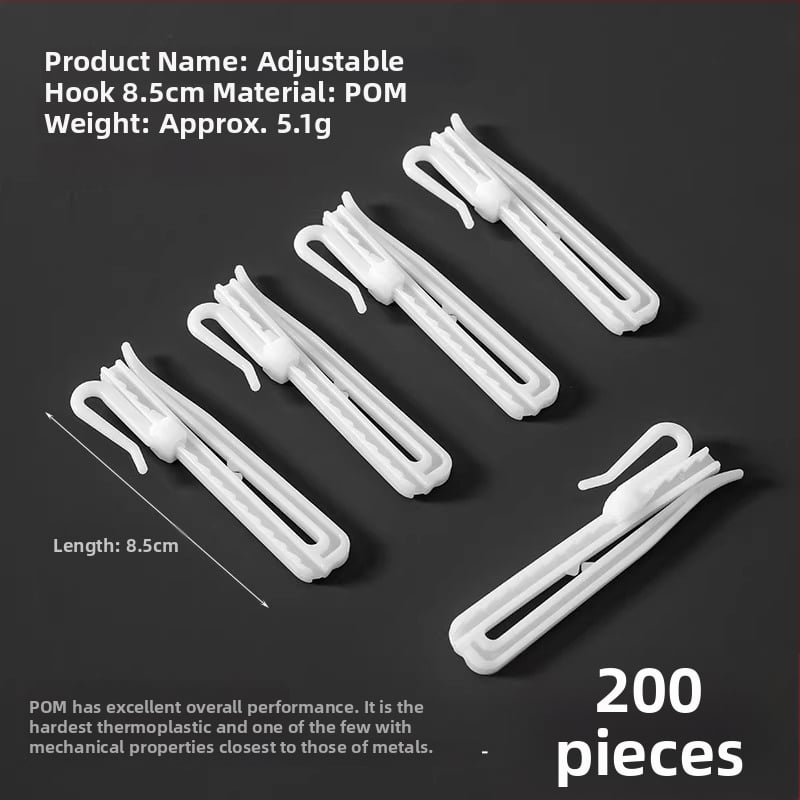 Plastikinis užuolaidų kabliukas, S formos dizainas, POM medžiaga, tylus reguliuojamas kėlimo kabliukas, apkrova 0–1 kg