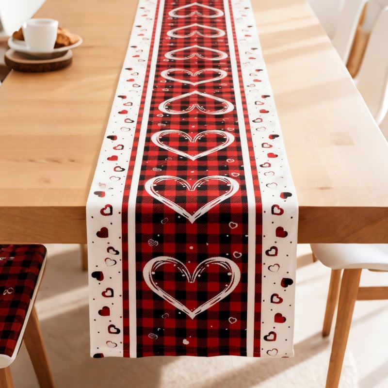 Lanena stolna štola s motivom srca i slova, Valentinovski stil, prilagodljiva, za dnevni boravak, spavaću sobu ili restoran